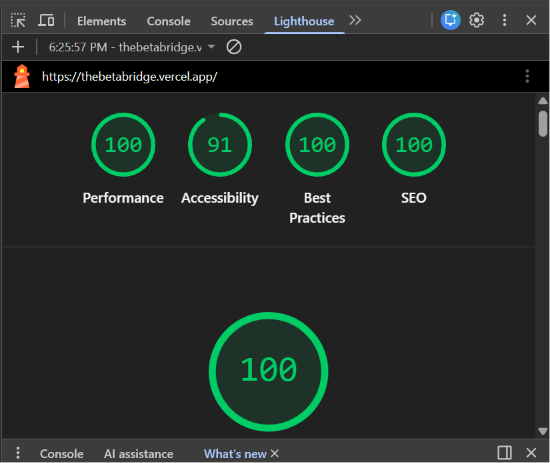 BetaBridge homepage Lighthouse score card